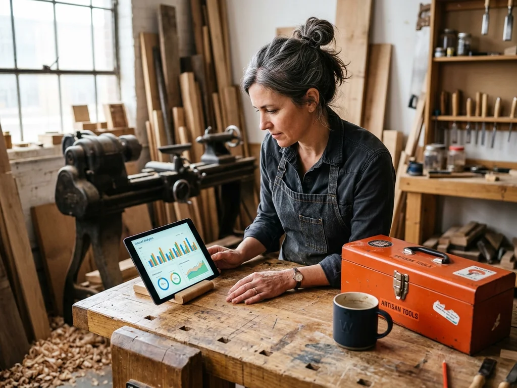 Une artisane analyse son tableau de bord SEO en atelier pour mesurer l'impact du conseil personnalisé.