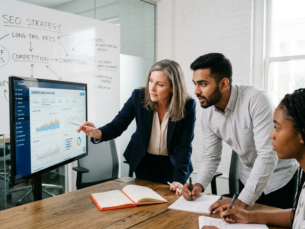 Collaborateurs analysant des données SEO réelles sur écran pour une application directe sur leurs projets.