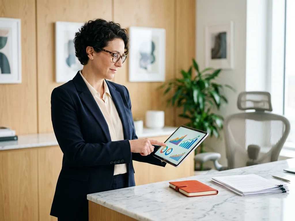 Expert-comptable analysant des graphiques de croissance, illustrant l'efficacité d'un site WordPress professionnel performant.