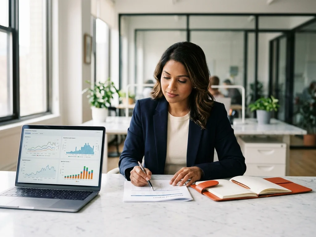 Consultante analysant des graphiques de backlinks pour la synthèse d'un rapport d'audit SEO complet.