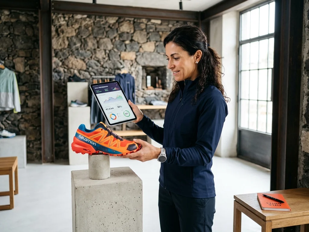 Consultante RH analysant des données de performance pour une entreprise de sport B2B en Auvergne.