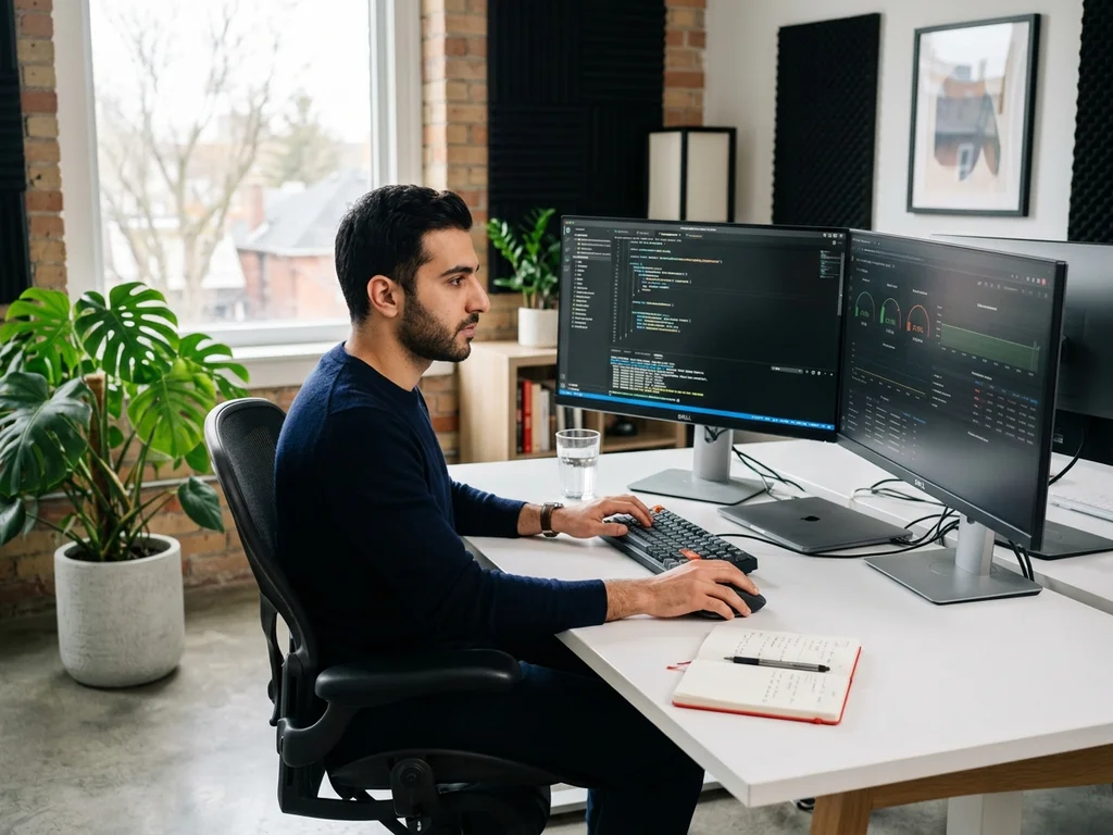 Développeur analysant du code et des métriques de performance pour optimiser le SEO technique.