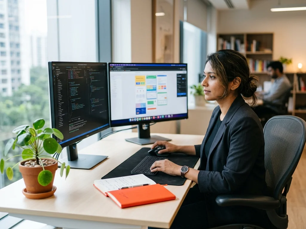 Développeuse analysant le code et le nouveau thème WordPress sécurisé pour maintenir le référencement.