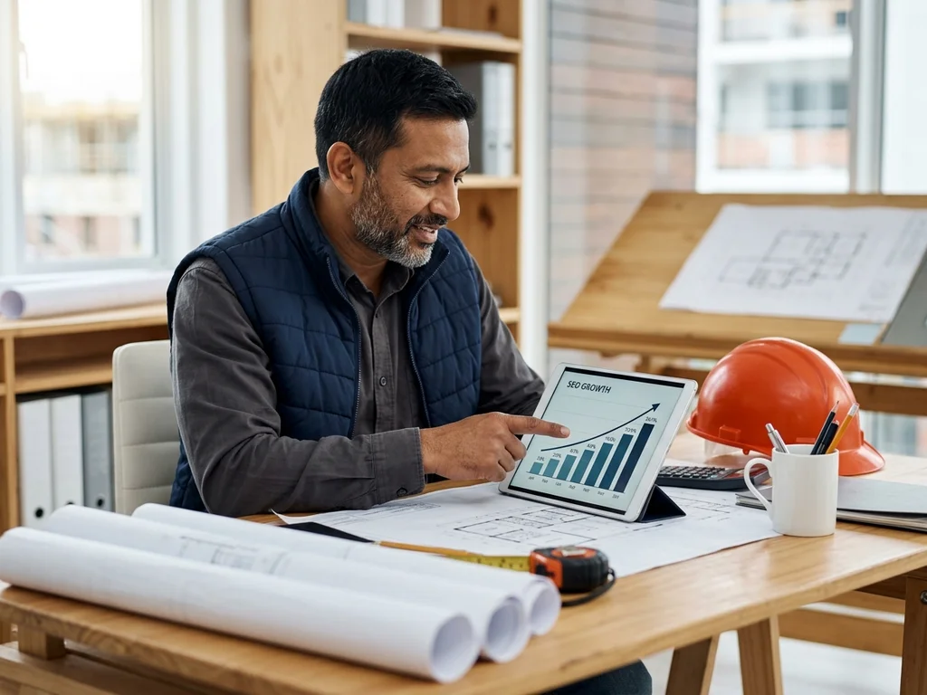 Entrepreneur du bâtiment analysant une courbe de croissance SEO positive sur sa tablette de chantier.