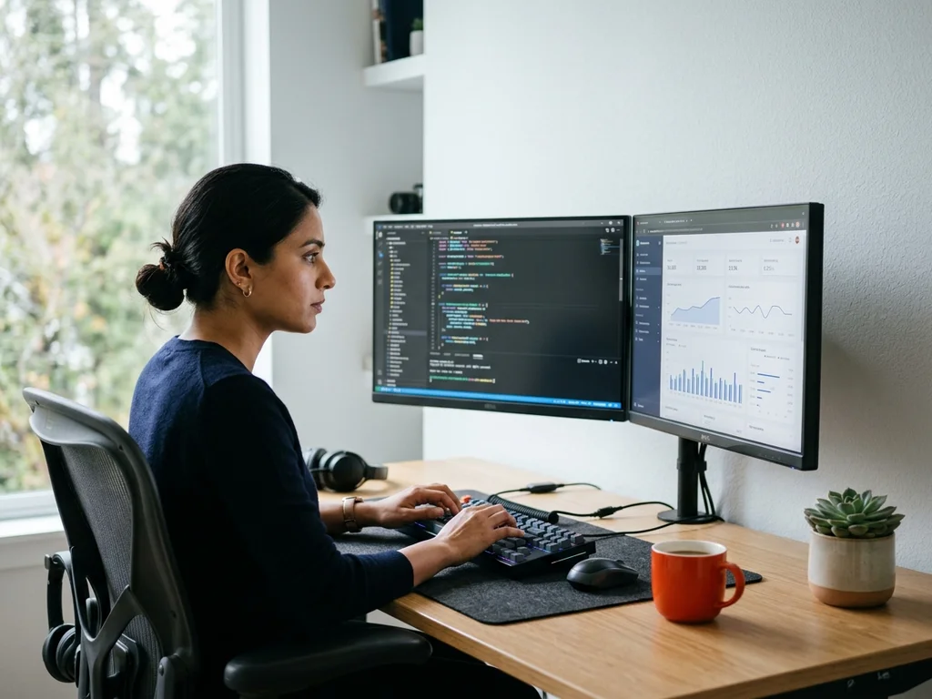 Une développeuse experte analyse des structures techniques SEO sur son écran dans un bureau moderne.