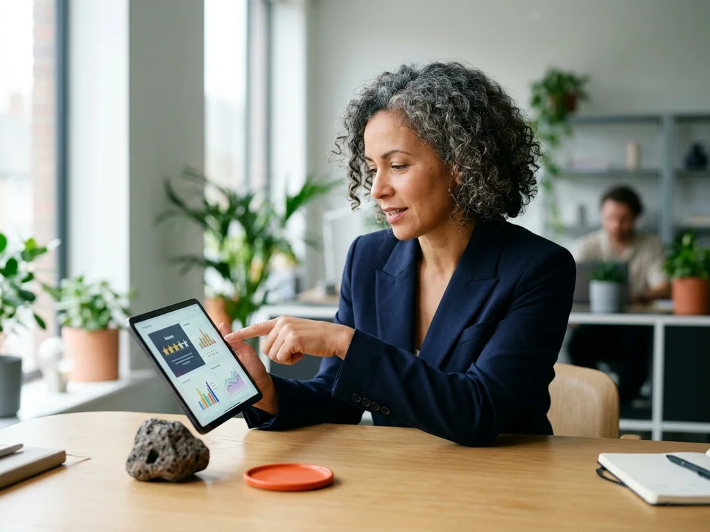 Experte analysant les avis clients sur tablette pour améliorer la réputation locale d'une entreprise.