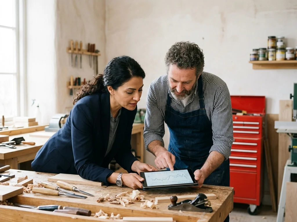 Experte SEO guidant un artisan menuisier pour améliorer la visibilité de sa PME.