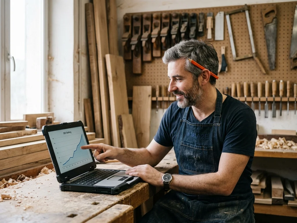 Menuisier auvergnat analysant la progression de son trafic web suite à une stratégie éditoriale SEO.