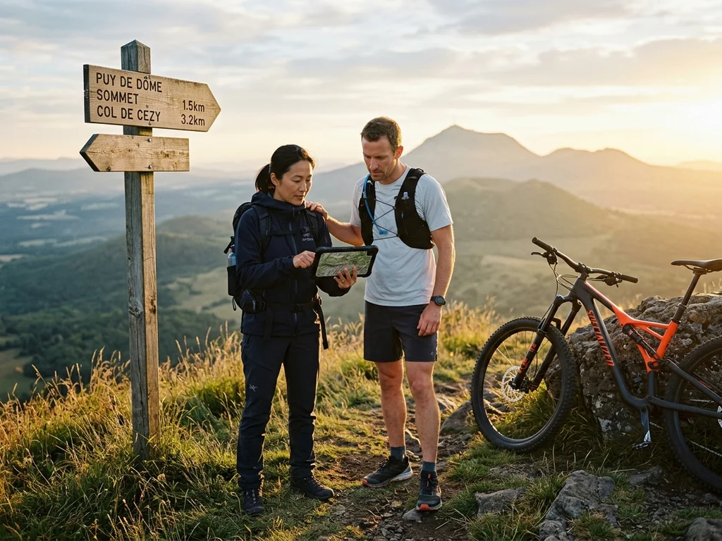 Randonneurs analysant un itinéraire sur tablette au Puy-de-Dôme, illustrant le commerce de sport local.